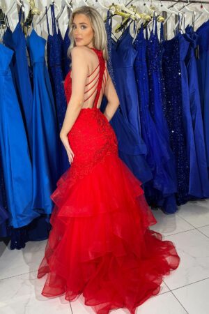 red fishtail prom & evening dress with embroidered detailing