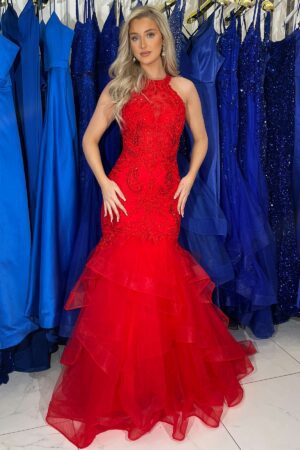 red fishtail prom & evening dress with embroidered detailing