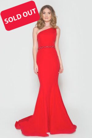 One shoulder gown with lace detailing on the waist.