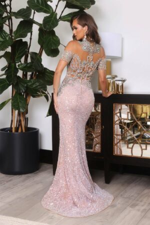 beautifully detailed silver nude couture gown with an encrusted necklace