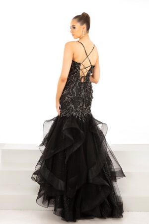 black fishtail ballgown with intricate detailing on the bodice and straps