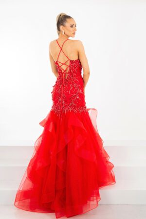 red fishtail ballgown with intricate detailing on the bodice and straps