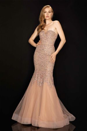 Blush strapless prom and evening dress.