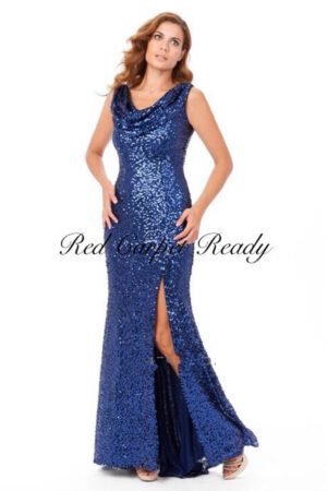 Royal blue sequin dress with cowl neck.