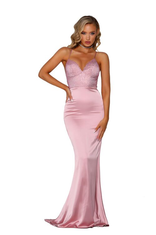 Pink slinky fishtail prom and evening dress
