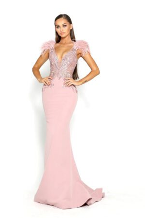 blush slinky fishtail dress with feathers on the shoulders and a v-cut neck