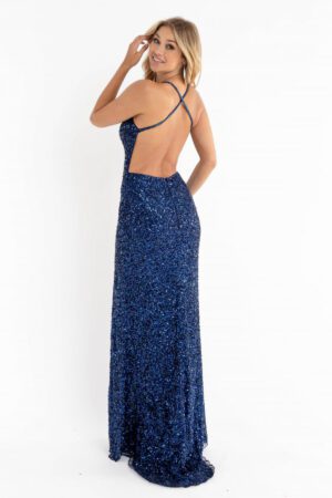 Midnight blue sequined dress with leg slit.