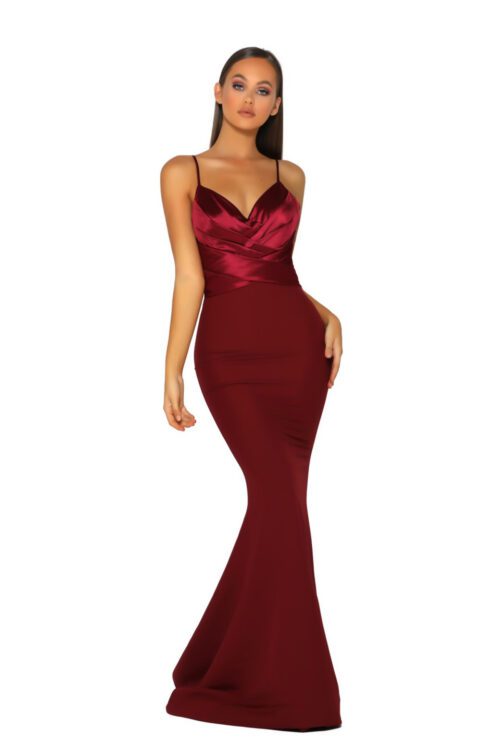red slinky fishtail prom & evening dress