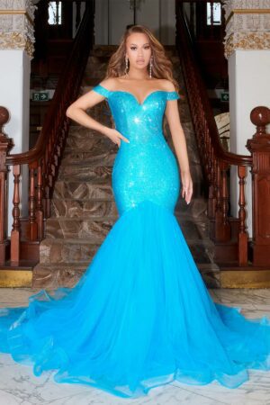 blue off-the-shoulder fishtail gown with a flowing skirt.