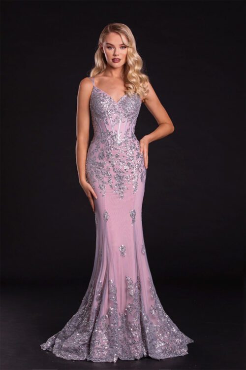 silver blush long prom and evening dress with embroidered detailing