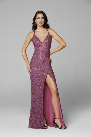 raspberry prom and evening dress with a daring leg slit and stunning low back