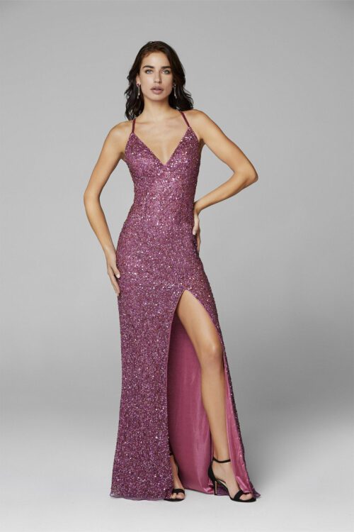raspberry prom and evening dress with a daring leg slit and stunning low back