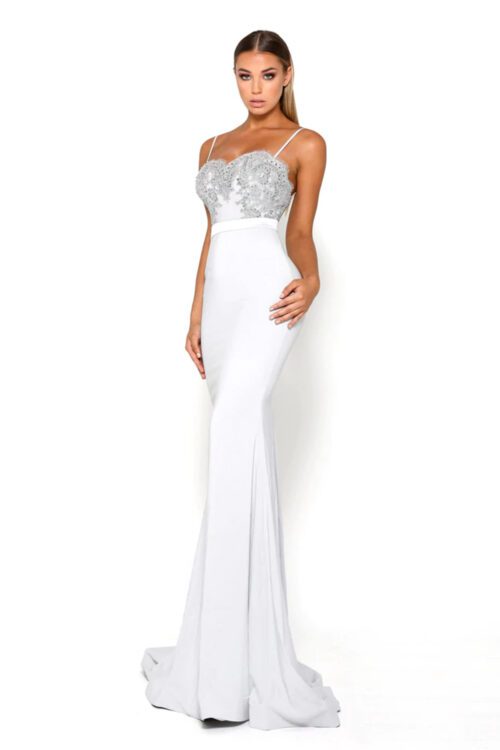 silver fishtail long prom & evening dress with detailing on the bodice and a lace train