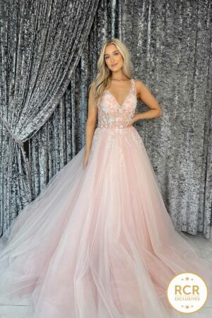 Blush pink ballgown with a floral embroidered bodice and low-cut v-neck.