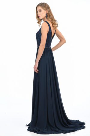 navy long prom & evening dress with detailing on the bodice, a v-neck and straps