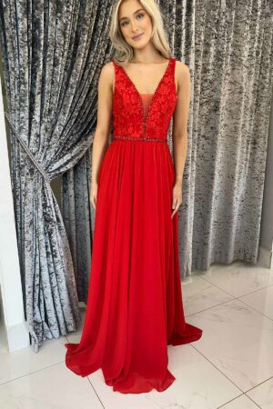 red long prom & evening dress with detailing on the bodice, a v-neck and straps
