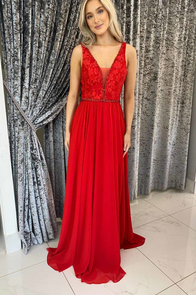Red Long Prom & Evening Dress with a V-Neck | Red Carpet Ready