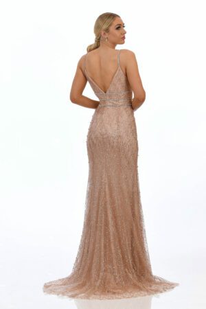 rose gold long prom & evening dress with straps and a v-neck