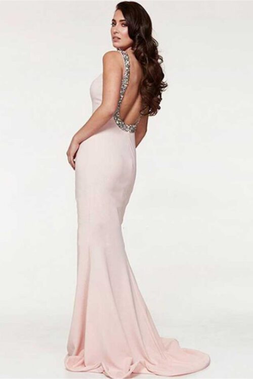 Blush pink bodycon dress with intricate crystal embellishments around the neckline.