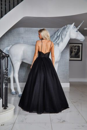 This long, sleeveless ballgown will turn heads with its shimmering detailed bodice and long flowing skirt.