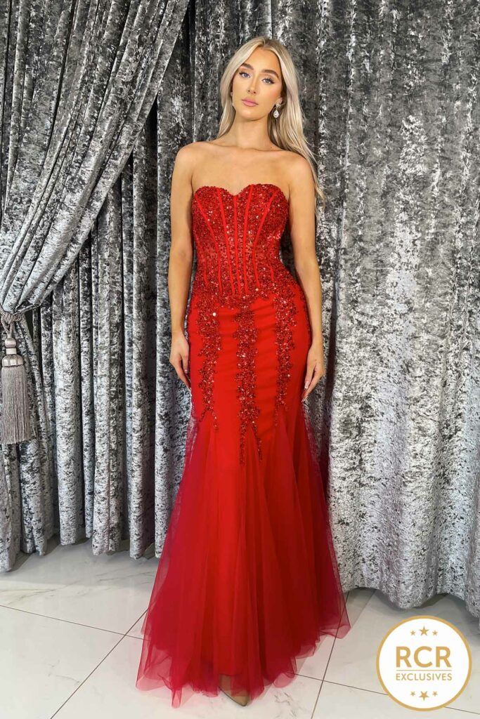 satin prom & evening dress with a statement corset back & deep leg slit