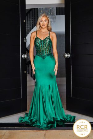 Satin prom dress with a lace up corset that cinches in to show off your figure, with a flowy skirt and train