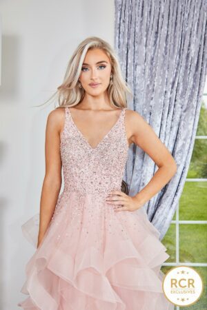 blush ruffle ballgown with a crystal encrusted bodice & a low back