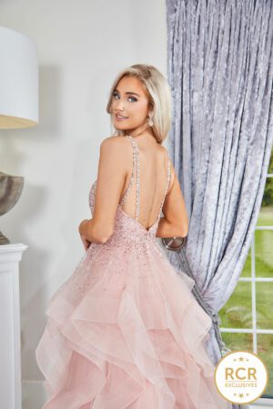 blush ruffle ballgown with a crystal encrusted bodice & a low back