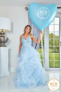 baby blue ruffle ballgown with a crystal encrusted bodice & a low back