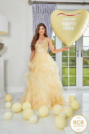 yellow ruffle ballgown with a crystal encrusted bodice & a low back
