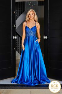 Satin Ballgown prom dress with lace up corset back with a gem detailed bodice.