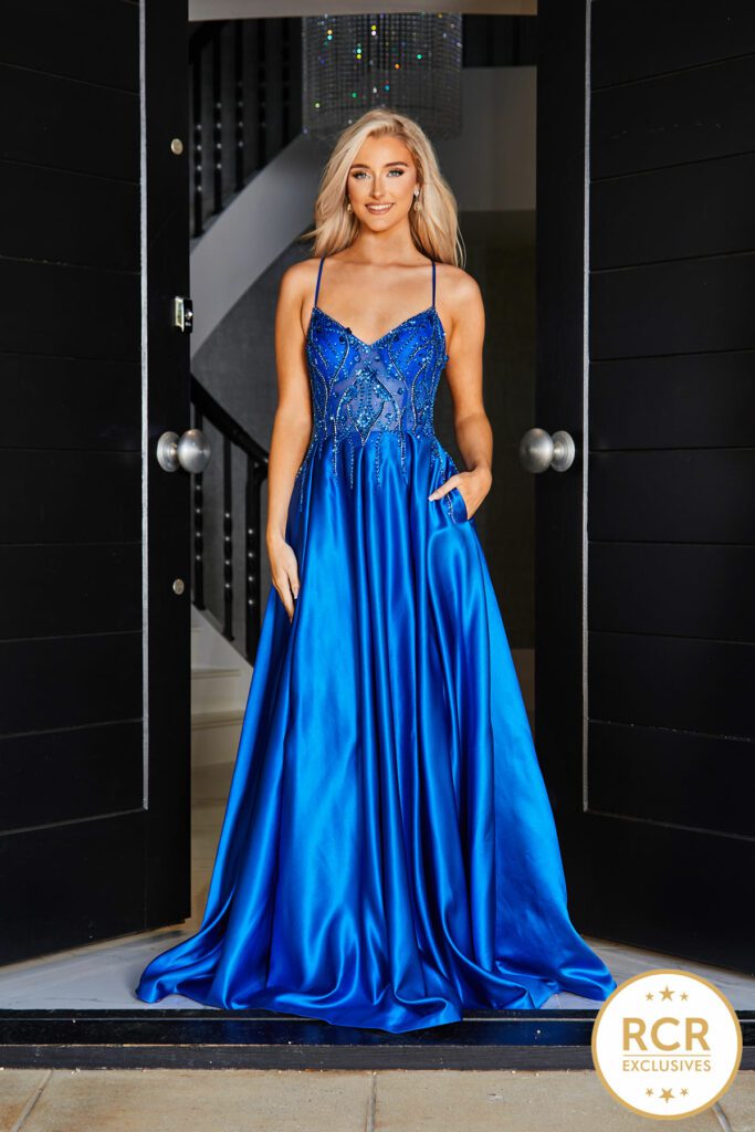 Satin Ballgown prom dress with lace up corset back with a gem detailed bodice.
