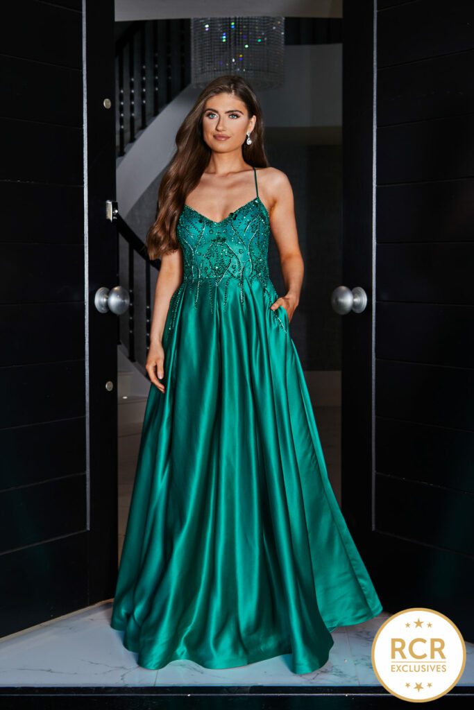 green ballgown prom dress with detailed bodice