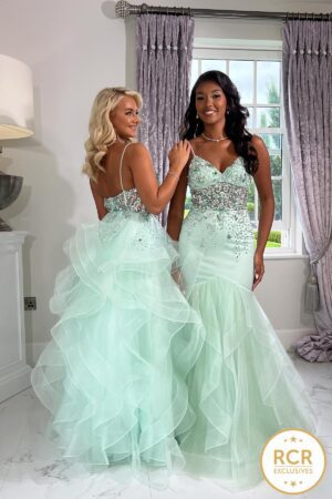 Tiered ruffled princess ballgown with handbeaded bodice