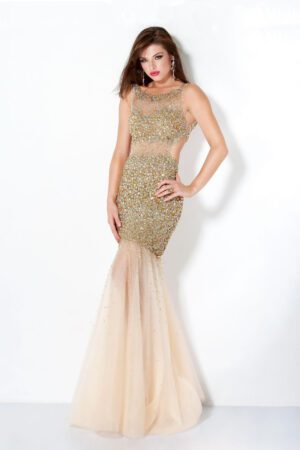 gold embellished open back prom dress