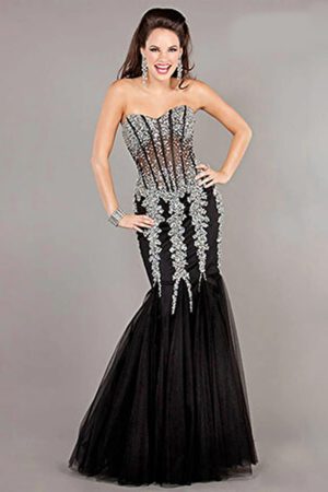 Black strapless fishtail prom dress with silver beading detailing