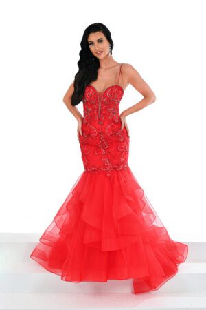 Red fishtail prom dress with embellished detailing
