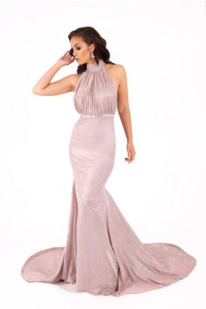 Rose gold glitter mermaid prom dress with a halter neck neckline