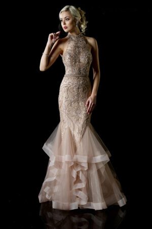 Embroidered sand fishtail prom dress with ruffles