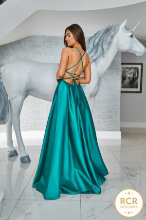 A Satin Ballgown Prom dress with an open laced back, detailed waistband and straps
