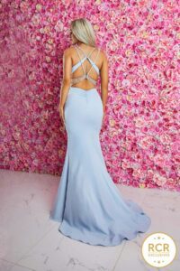 baby blue slinky prom and evening dress with embellished back straps