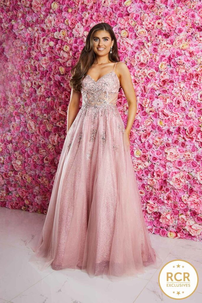 blush princess ballgown with detailed embellishments and a flowing skirt