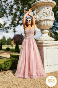 blush princess ballgown with detailed embellishments and a flowing skirt