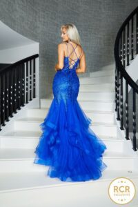royal blue fully ebellished prom & evening dress with a corset back