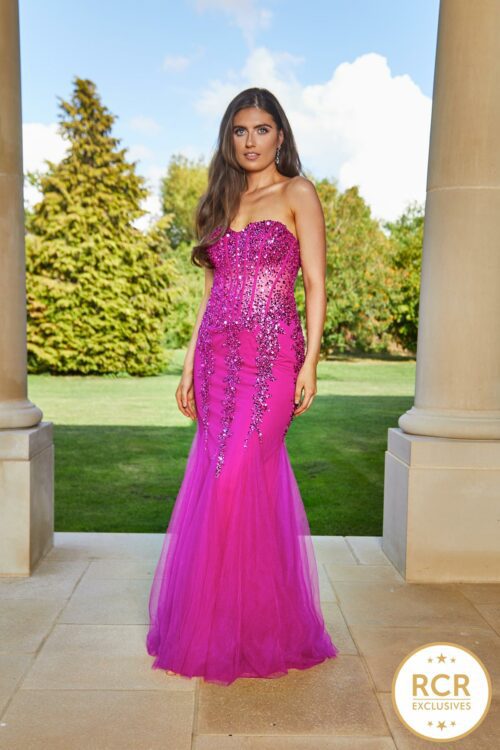 Strapless fishtail prom dress with embellished details on the bodice and waistline.
