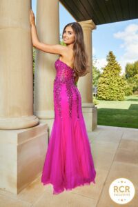 Strapless fishtail prom dress with embellished details on the bodice and waistline.