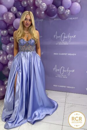 ami charlize in a Satin Ballgown prom dress with lace up corset back with a gem detailed bodice.