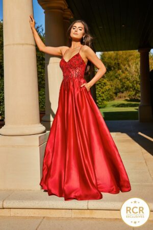 Satin Ballgown prom dress with lace up corset back with a gem detailed bodice.