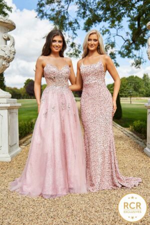 blush princess ballgown with detailed embellishments and a flowing skirt and Fully embellished slinky ballgown with open back