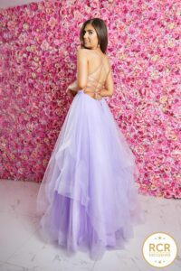 lilac princess dress, completed with shimmering belt and corset back